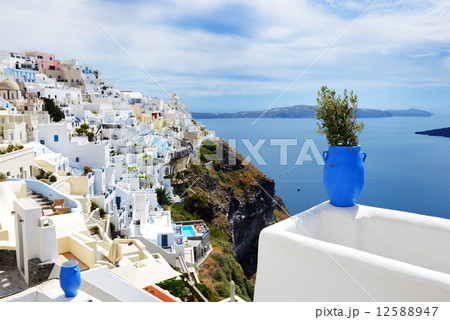 The view on Fira town and Aegean sea, Santorini island, Greece 12588947