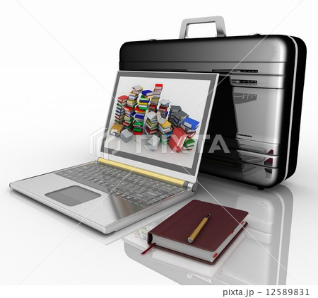 silvery laptop, notepad and pen with black brief-case 12589831