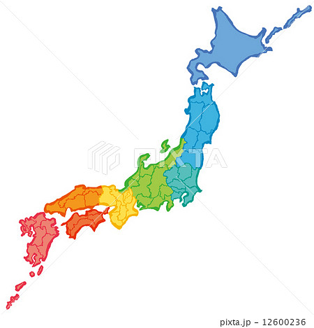 筆で書いた日本地図 カラフル 地方のイラスト素材