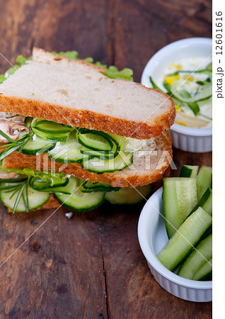 fresh vegetarian sandwich with garlic cheese dip salad 12601616