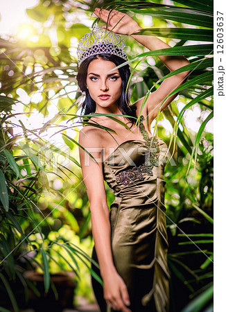 Gorgeous lady in long evening dress and with tiara on a head 12603637