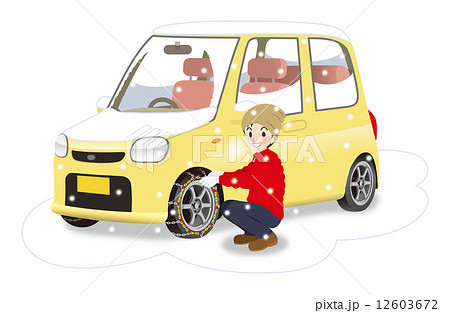 車のタイヤにチェーンを巻く男性 車のタイヤにチェーンを巻く男性 12603672