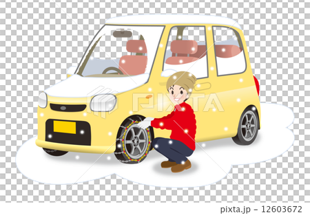 車のタイヤにチェーンを巻く男性 車のタイヤにチェーンを巻く男性 12603672