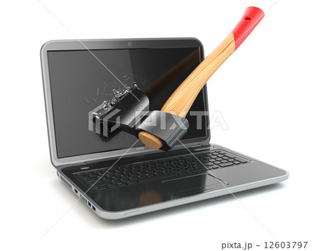 Laptop damaged by axe. Concept of anger when working at the comp 12603797