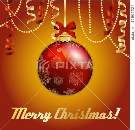 New Year greeting card. Christmas Ball with bow and ribbon. 12605524