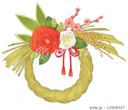 紅白椿のしめ飾りのイラスト素材 紅白椿のしめ飾りのイラスト素材