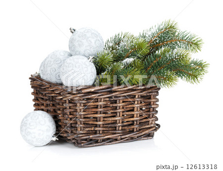 Silver christmas baubles and fir tree 12613318
