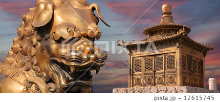 bronze Chinese dragon statue and bronze pagoda in the Forbidden City. Beijing, China bronze Chinese dragon statue and bronze pagoda in the Forbidden City. Beijing, China 12615745