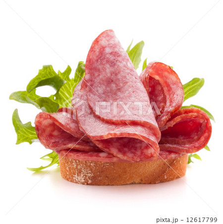 sandwich with salami sausage on white background  cutout 12617799