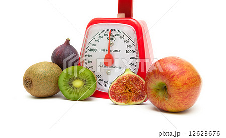 Ripe fruits and kitchen scales isolated close up on white backgr Ripe fruits and kitchen scales isolated close up on white backgr 12623676