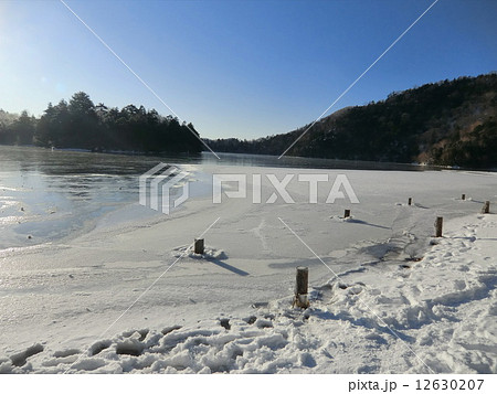 奥日光湯元温泉の湯の湖周辺の雪景色。結氷した氷が日に輝いていた。 12630207