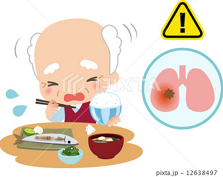 食事中にむせる高齢男性と肺炎イメージのイラスト素材