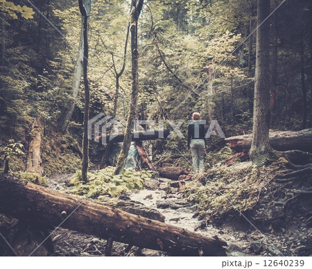 Woman hiker walking across river in a forest 12640239