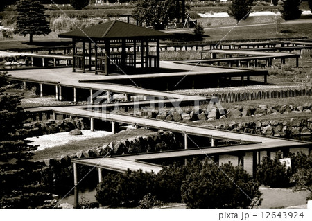 池にある東屋まで渡廊下のある風景 12643924