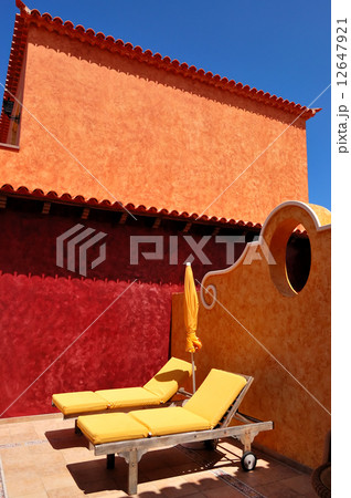 The sea view terrace with sunbeds at luxury hotel, Tenerife isla 12647921