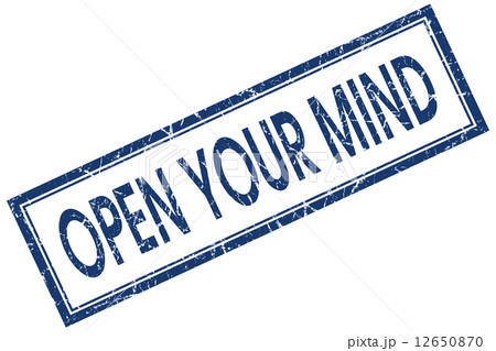Open your mind blue square grungy stamp isolated on white background 12650870