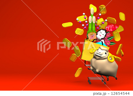 Sheep, New Year's Ornaments, Shopping Cart On Red Text Space Sheep, New Year's Ornaments, Shopping Cart On Red Text Space 12654544