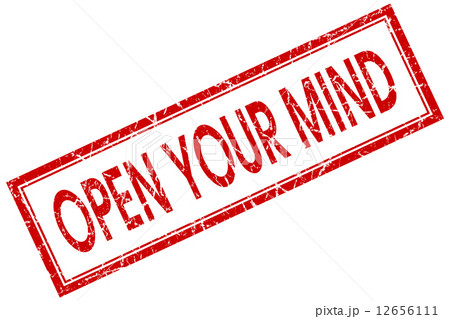Open your mind red square grungy stamp isolated on white background 12656111