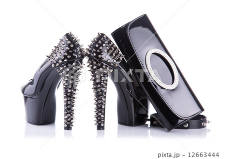 Black high heel shoes, handbag clutch and spiked collar 12663444