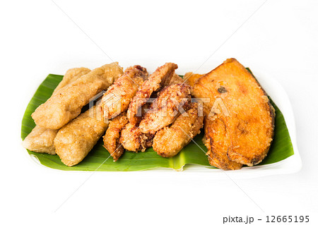 Combination platter of fried banana, sweet potatoes and keropok lekor 12665195