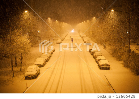 a lot of snowfall and empty road a lot of snowfall and empty road 12665429