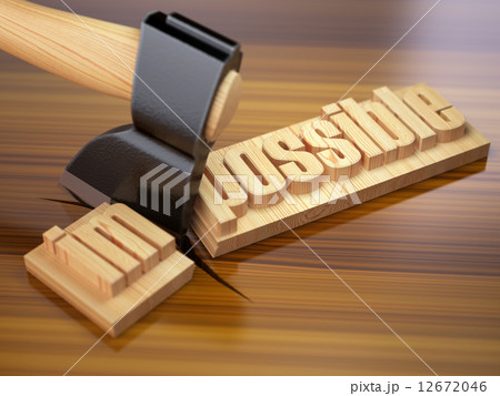 Changing of word impossible into possible on wooden plank with a 12672046