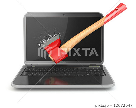 Laptop damaged by axe isolated on white background. Concept of a 12672047