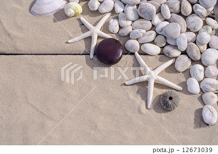 Top view of  Starfishs and White Stone on Sand background 12673039