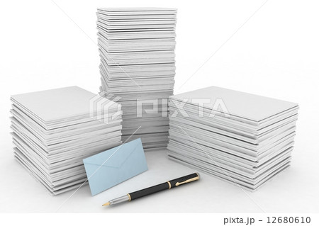 3d render illustration big pile of paper, mail envelope and pen on white background 12680610
