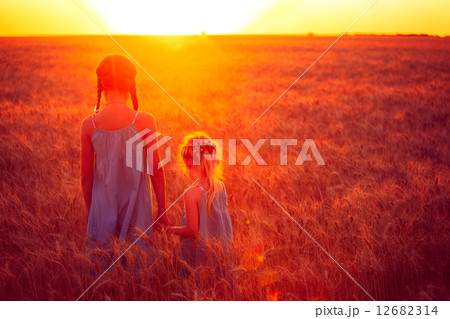 two child girls at the sunset field two child girls at the sunset field 12682314