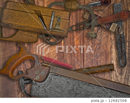 vintage woodworking tools on wooden bench 12682508