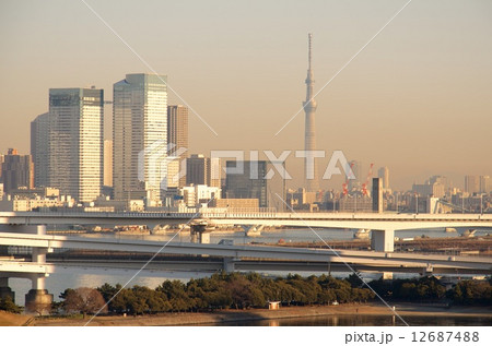 朝焼けのレインボーブリッジと東京スカイツリーの写真素材