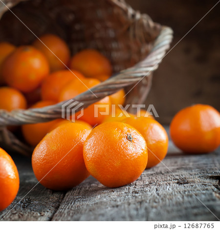 Close up Tangerines with Basket on Wooden Background 12687765