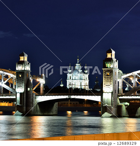 Smolniy cathedral and movable bridge in St-Petersburg Smolniy cathedral and movable bridge in St-Petersburg 12689329