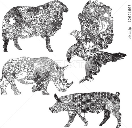 set of animals in the ethnic ornaments  12691663