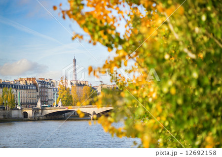 Scenic view of the Eiffel tower across the Seine 12692158