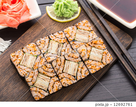 Futomaki with tobico and tomago omelette Futomaki with tobico and tomago omelette 12692761