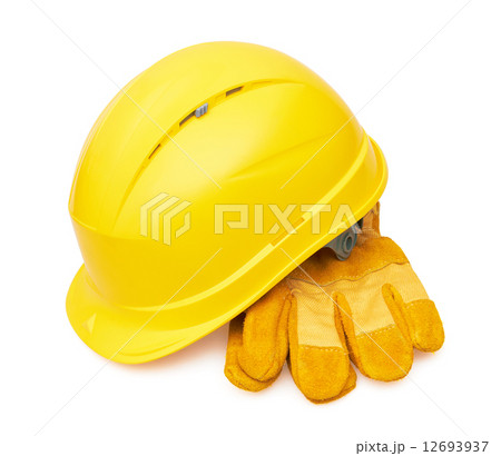 Yellow safety helmet and Protective gloves Yellow safety helmet and Protective gloves 12693937