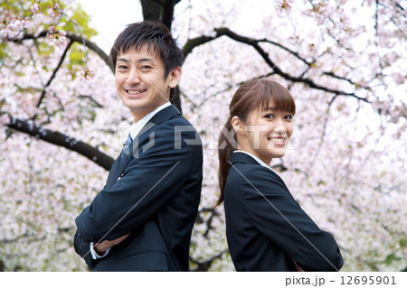 桜の前のスーツ姿の男女 桜の前のスーツ姿の男女 12695901