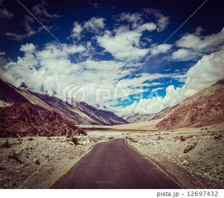 Road in Himalayan landscape, Nubra valley 12697432