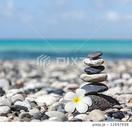 Zen balanced stones stack with plumeria flower Zen balanced stones stack with plumeria flower 12697698