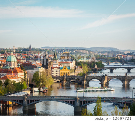 Panoramic view of Prague bridges over Vltava river from Letn** P 12697721