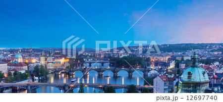 Panoramic view of Prague bridges over Vltava river from Letn** P 12697740