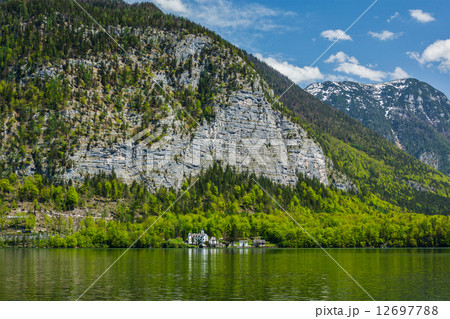 Castle at Hallstatter See mountain lake in Austria 12697788
