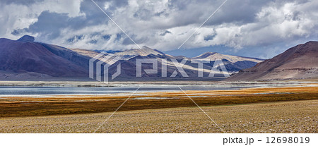Panorama of Himalayan lake Tso Kar in Himalayas, Ladakh, India 12698019