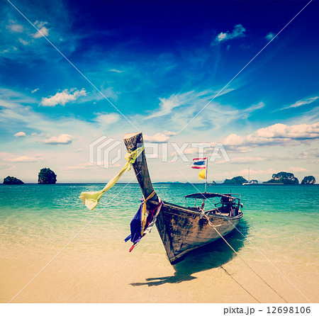Long tail boat on beach, Thailand 12698106