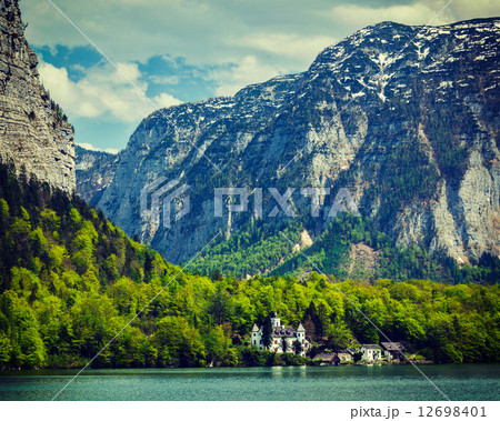 Castle at Hallstatter See mountain lake in Austria 12698401