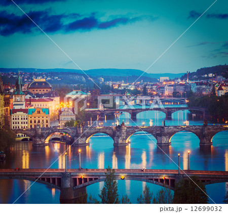Panoramic view of Prague bridges over Vltava river from Letn** P 12699032