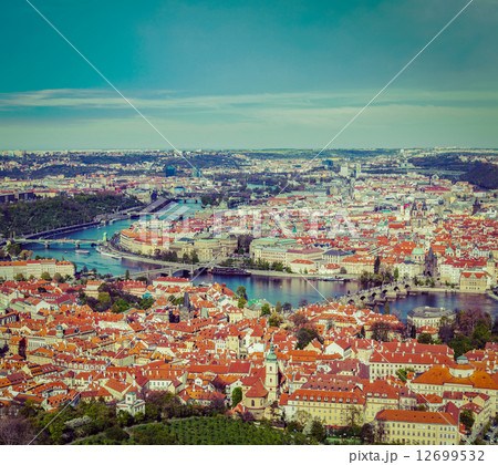 View of Charles Bridge over Vltava river, Old city 12699532
