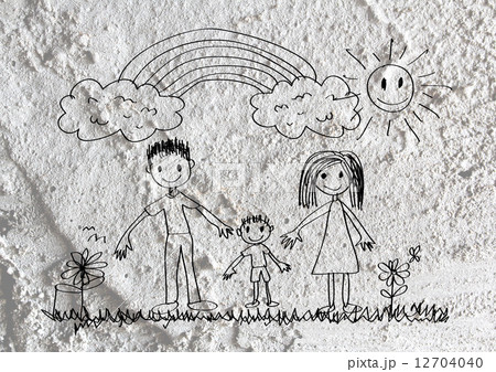 Happy family father, mother, son and daughter on wall texture ba 12704040
